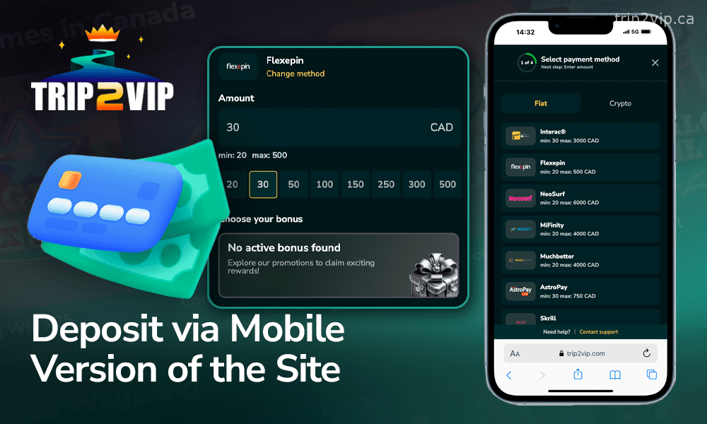 Topping up your Trip2Vip account via the mobile version