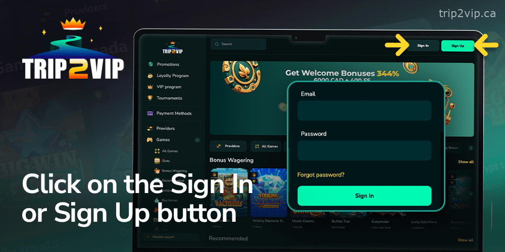 Click on the registration button in the top menu Trip2Vip